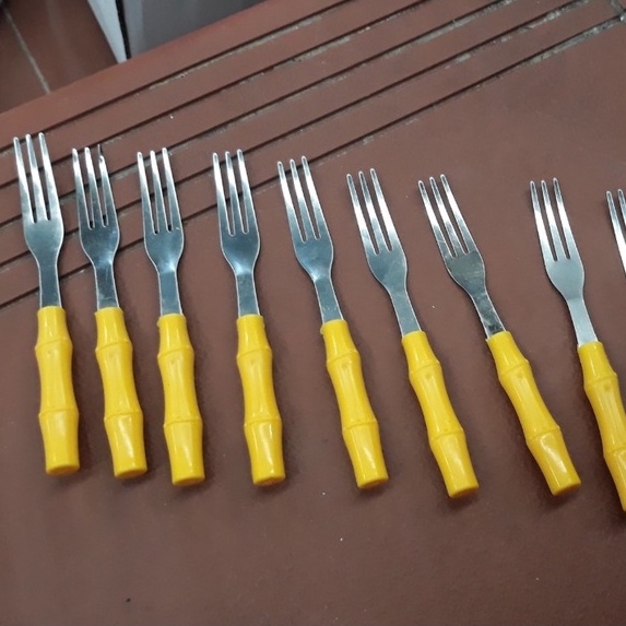 Sét 10 dĩa inox xiên hoa quả thực ăn cán nhựa hình cây trúc dài 12,5cm tiện dụng