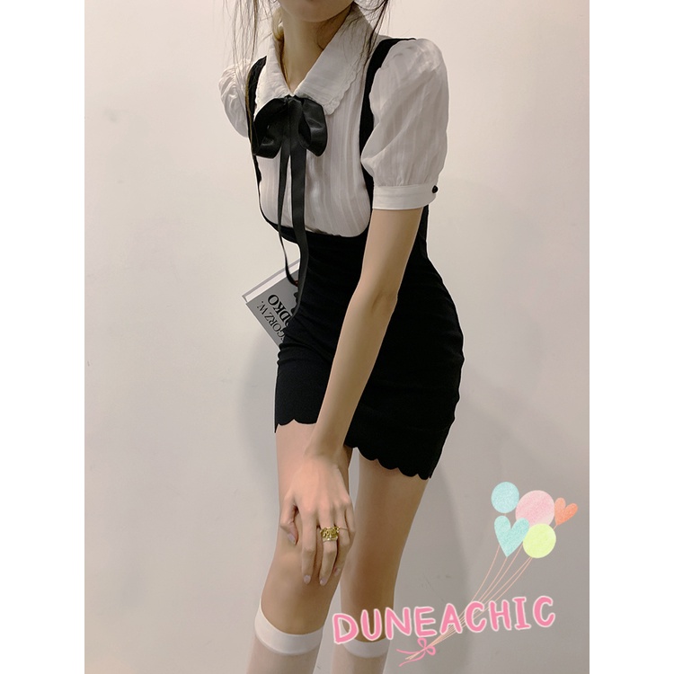 DUNEA Đầm Tay Ngắn Cổ Polo Xếp Ly Phối Dây Thắt Nơ Xinh Xắn Cho Nữ