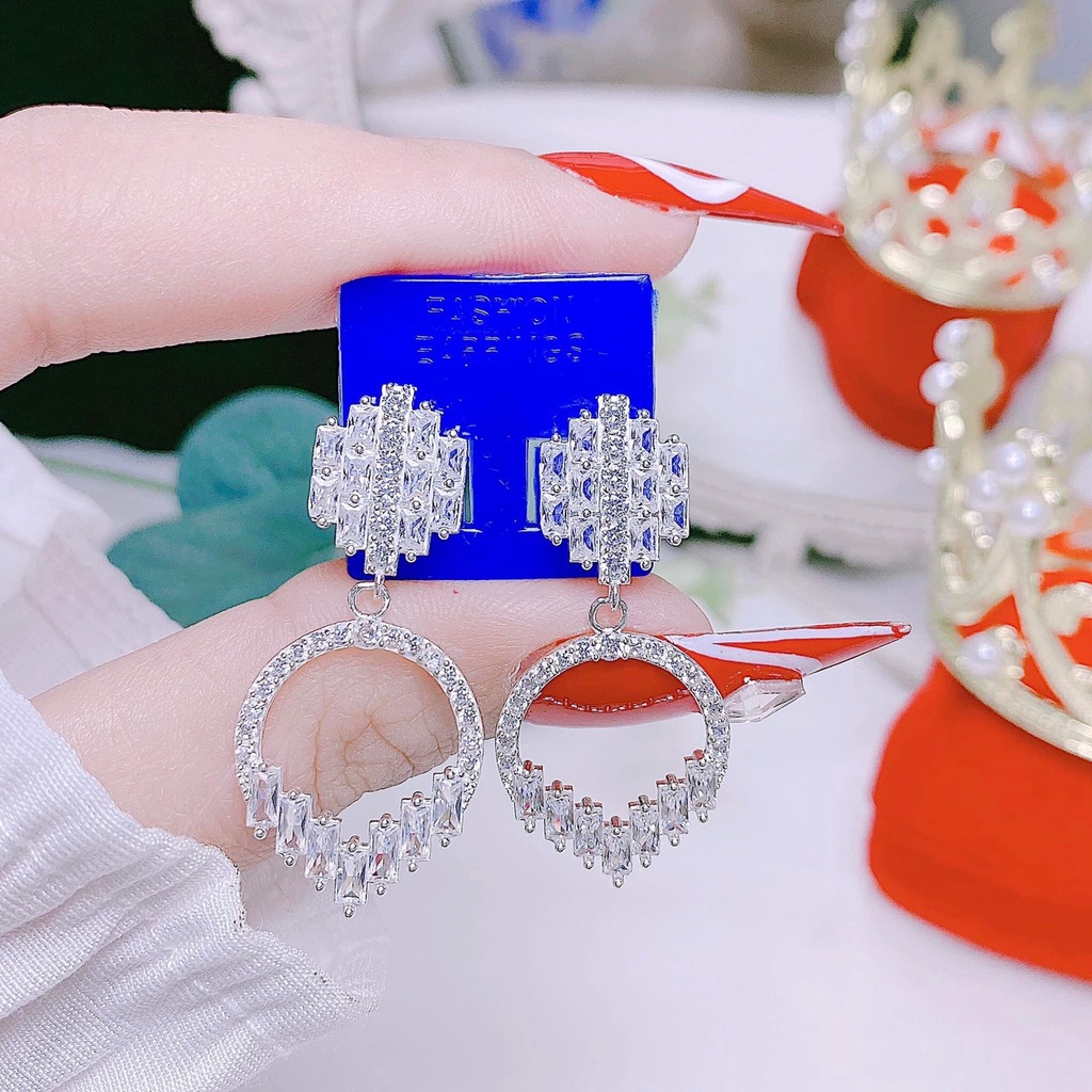 Bông tai bạc nữ kiểu thả hình tròn đính đá nhân tạo - Trang sức bạc Evasilver