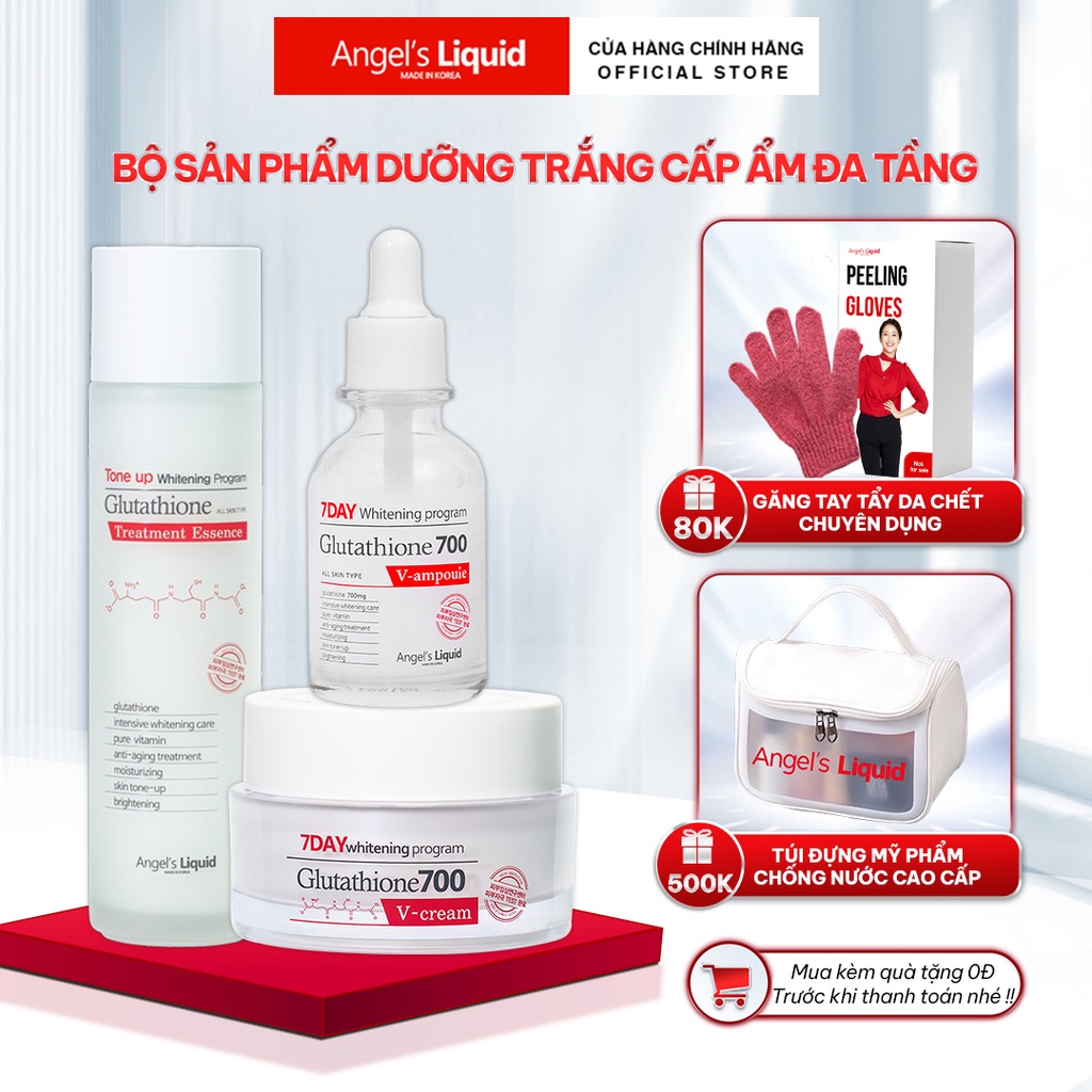 Bộ 3 sản phẩm Nước Thần, Serum, Kem Dưỡng Trắng Cấp Ẩm Đa Tầng Angel's Liquid Whitening Program Glutathione