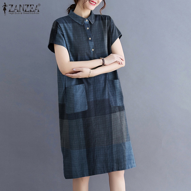 Đầm Midi ZANZEA tay ngắn cổ bẻ dáng rộng họa tiết caro thời trang cho nữ