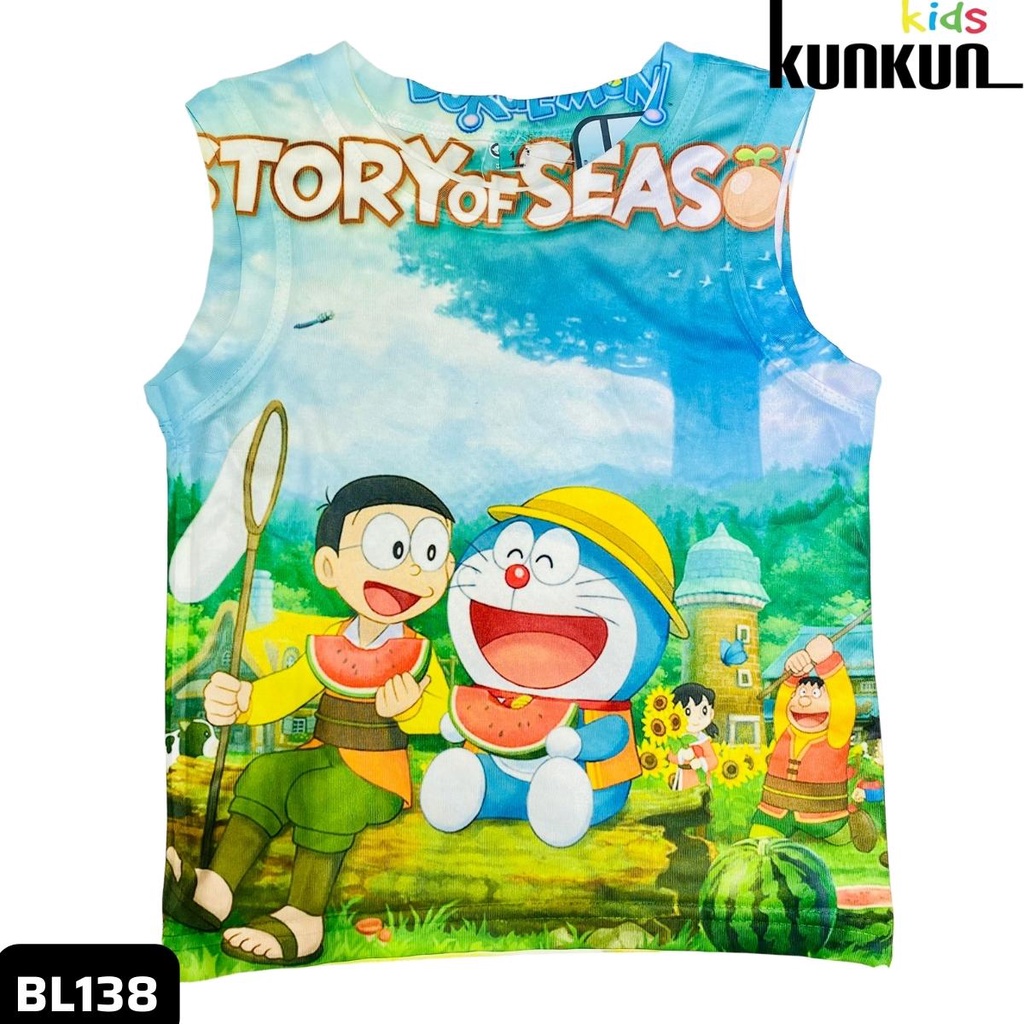 Quần áo trẻ em in 3D doraemon rừng xanh thun lạnh - Bộ ba lỗ bé trai size đại từ 10-60kg cao cấp Kunkun BL138