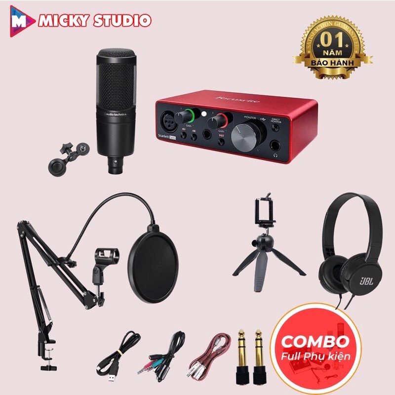 Bộ Combo Technica AT2020 & Sourd Card Focusrite Scarlett Solo Gen 3 Có Chân Màng Tai Nghe Chụp Tai Giá Đỡ ĐT BH 12 Thang