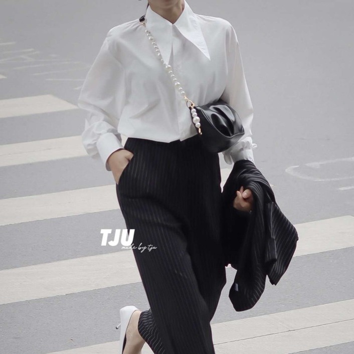 Sơ mi nữ dài tay màu trắng phối đai cổ dài, Sơ mi nữ dài tay phối đai ulzzang, Hàn Quốc, thiết kế T-Ju (somi kelly)