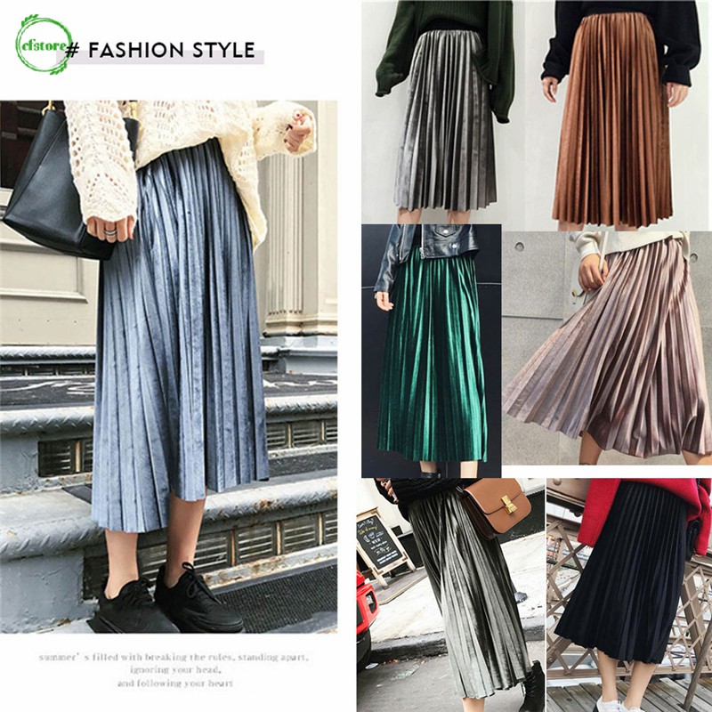 Chân váy nhung xếp li lưng cao xinh xắn cho nữ