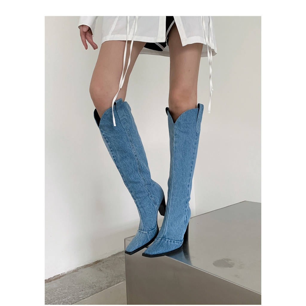 Giày Bốt Denim Cao Gót Cổ Cao Qua Gối Phong Cách Châu Âu
