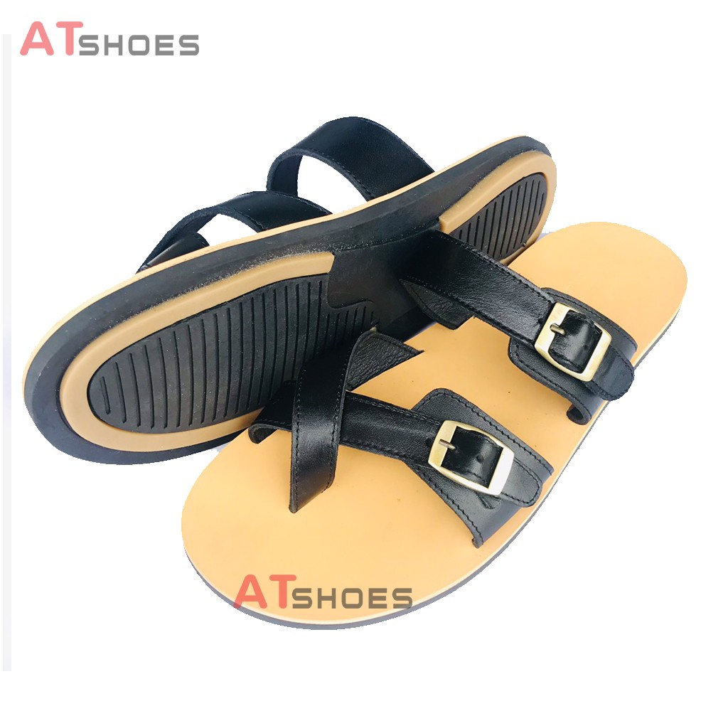 Sandal nam, dép quai ngang, dép nam da bò, không thấm nước, êm chân thoải mái Atshoes QN2M (Đen - Nâu)