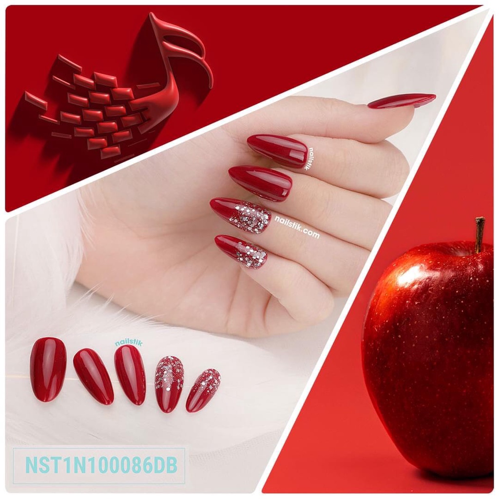 Móng úp thiết kế by NAILSTIK, màu đỏ đô, form móng bầu, ngắn/dài, 086