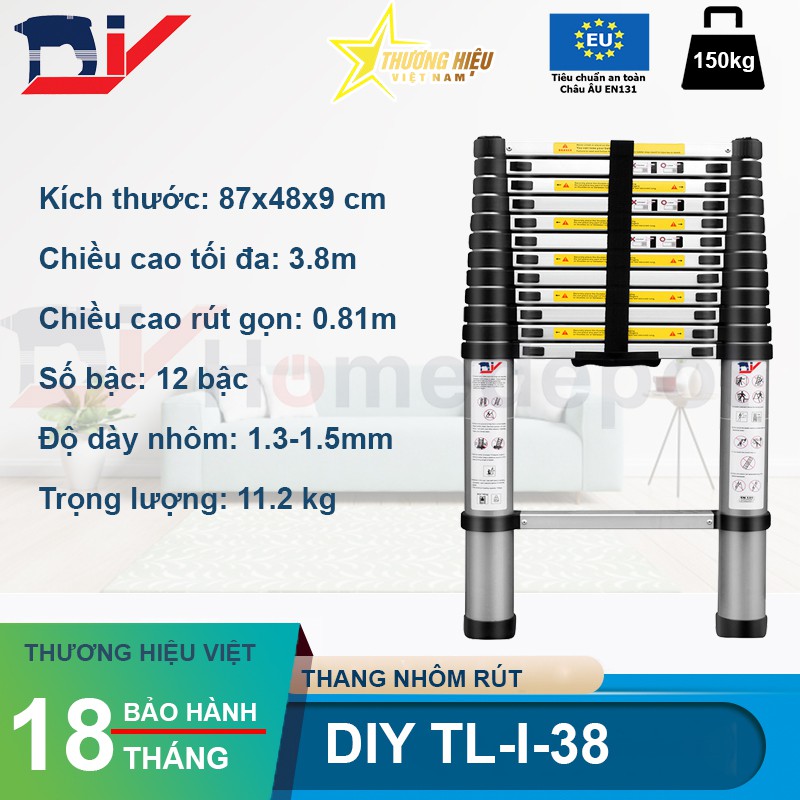 Thang Nhôm Rút Đơn DIY TLI38 chiều cao sử dụng tối đa 3.8 mét Hàng chính hãng