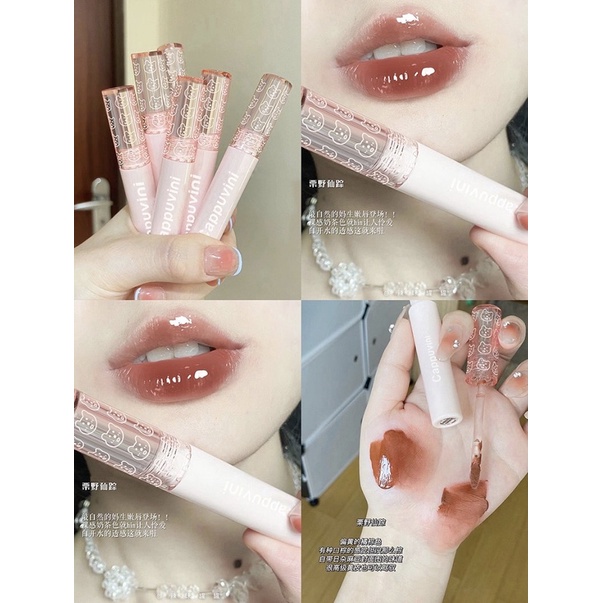 Son Bóng Cappuvini Gấu Hồng Nắp Trong Dưỡng Ẩm Lên Môi Mềm Mịn Chính Hãng