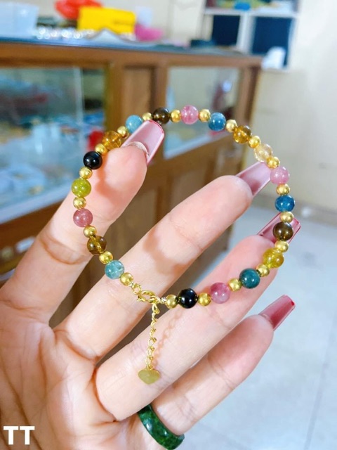 Vòng tay đá tourmaline 5 li mix bi bạc xi vàng