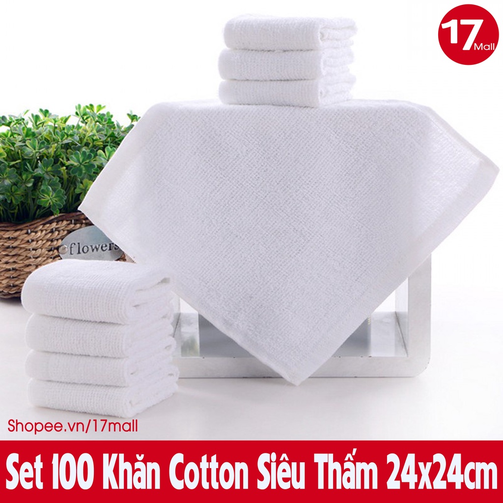 Set 100 khăn lau siêu thấm, khăn cotton dùng trong bệnh viện, lau tay, lau xe, nhà bếp, quán ăn size 24x24cm trắng