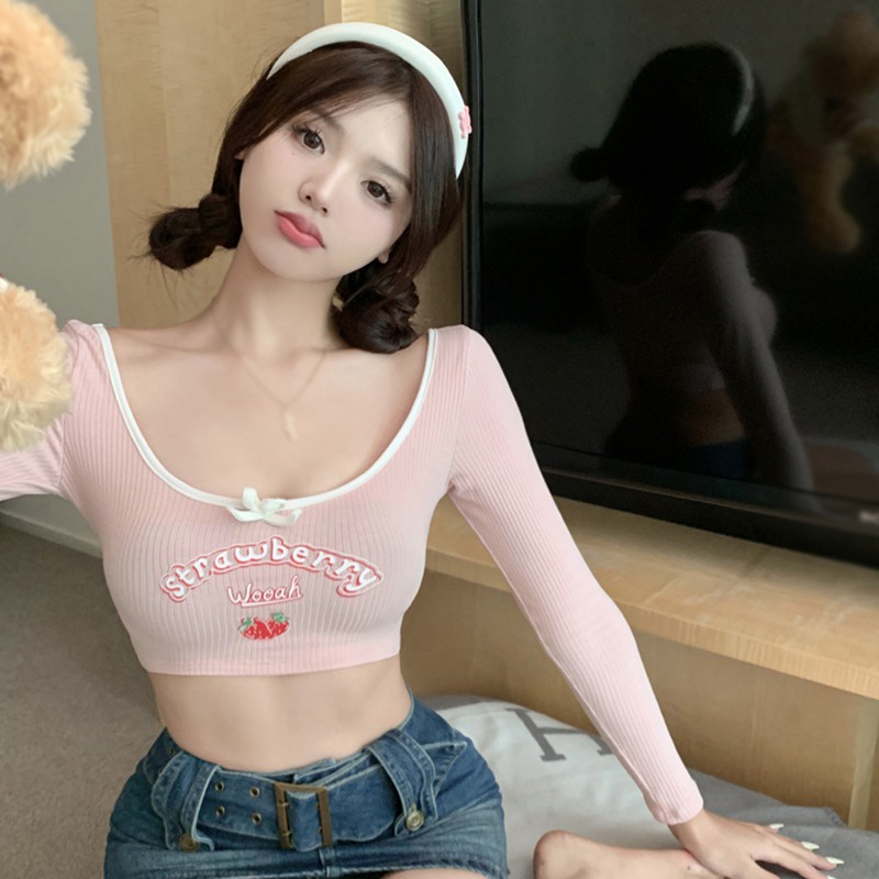 Áo Thun Lửng Tay Dài In Chữ Quyến Rũ Trẻ Trung Phong Cách Hàn Quốc Cho Bạn Gái