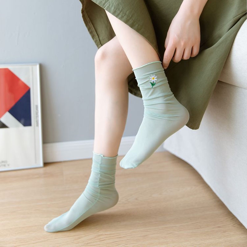 Flowers Embroidery Fishnet Tulle Socks Girls Spring Summer New Candy Color Daisy Mesh Transparent Thin Ruffles Nylon Female Sox