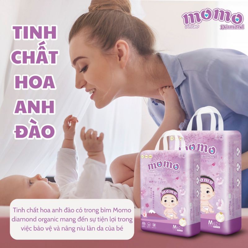 Bỉm Tã dán/quần MOMO DIAMOND ORGANIC S64,M62,M60,L54,XL50,XXL48,XXXL46