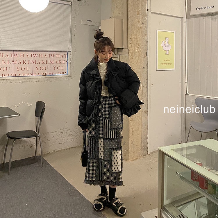 Neinei Chân Váy Len Dáng Chữ a Lưng Cao Họa Tiết Sọc Caro Xẻ Tà Thời Trang Mùa Thu