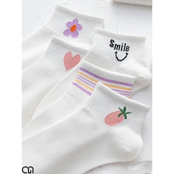 Tất Cổ Ngắn Nữ Thời Trang Hàn Quốc - Vớ Nữ Ngắn Họa Tiết Dễ Thương Màu Trắng Phong Cách Unisex