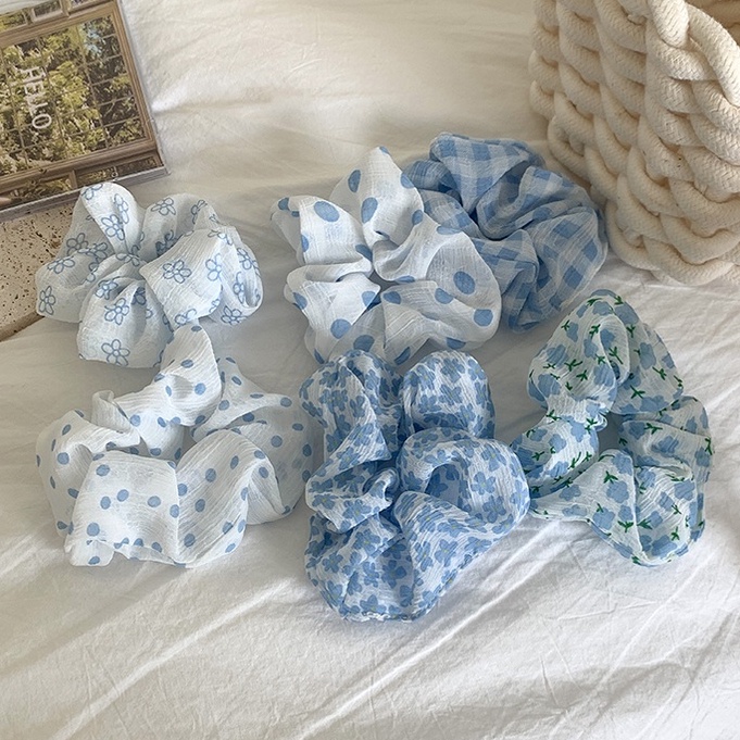 Cột Tóc Scrunchies LIN Họa Tiết Màu Xanh