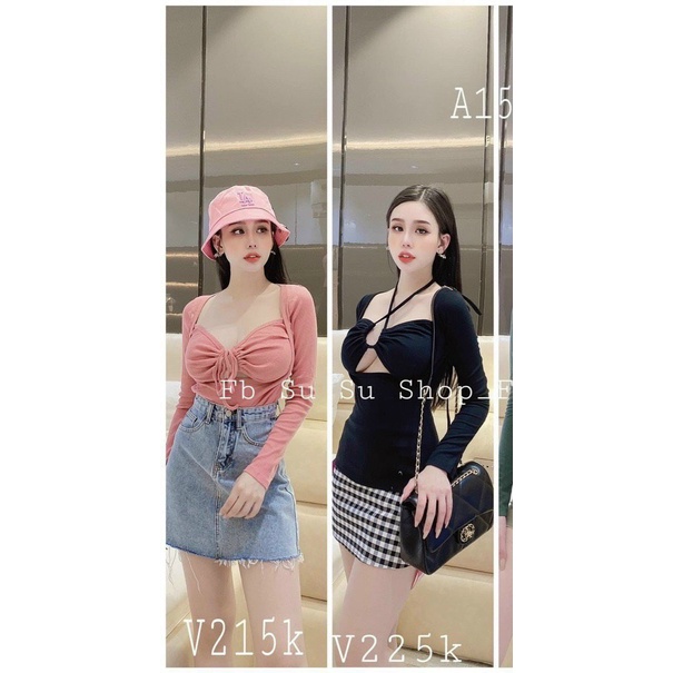 Áo kiểu tay dài dài cổ vuông hở ngực cột dây kèm mút ngực cực xinh , chất thun gân mềm mịn