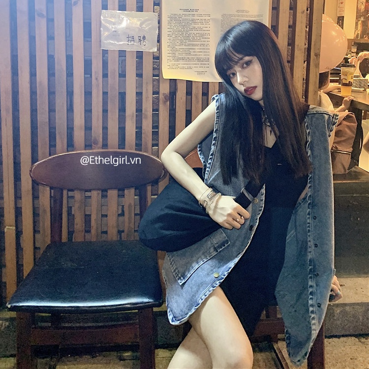 Áo khoác vải denim không tay dáng rộng thời trang retro Hàn Quốc dành cho nữ