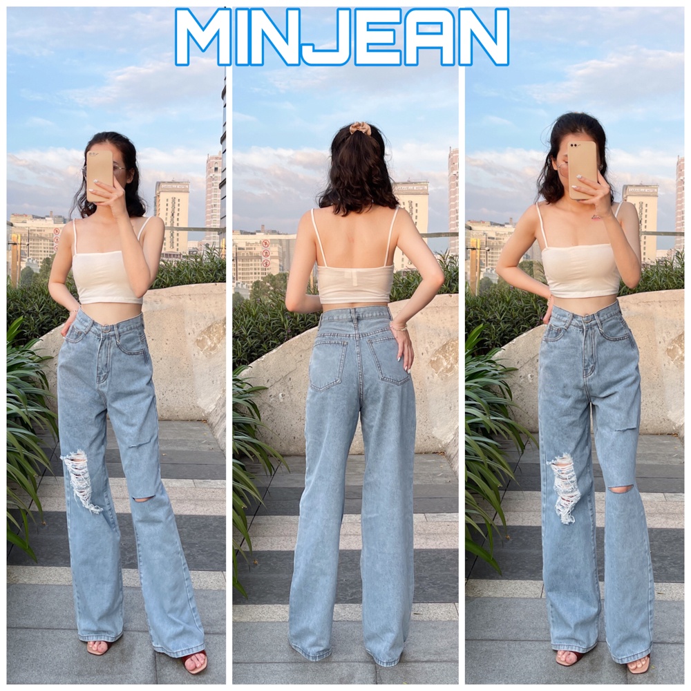 Quần Jean Nữ Ống Rộng Lưng Cao Phủ Gót MINJEAN M4007, Quần Baggy Nữ Rách Phom Ống Suông Dài Siêu Hack Dáng
