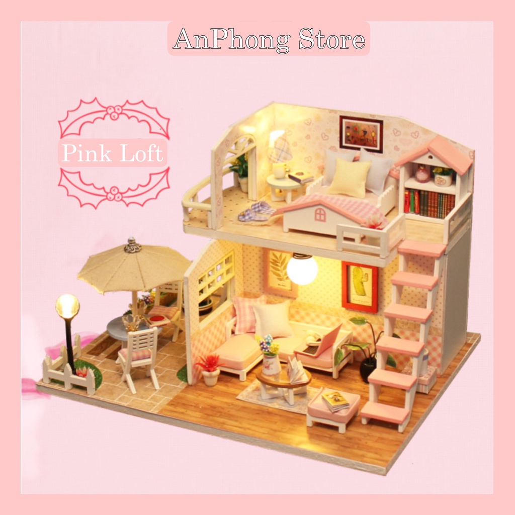 [Có Mica Chống Bụi] Mô Hình Nhà Búp Bê DIY Tự Lắp Ráp Pink Loft Dễ Thương, Tinh Tế.