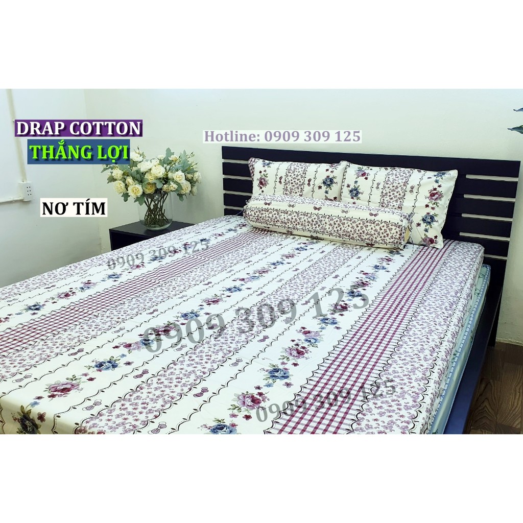 bộ drap (4 món) cotton Thắng Lợi, ga giường chính hãng, nơ tím (ảnh thật)