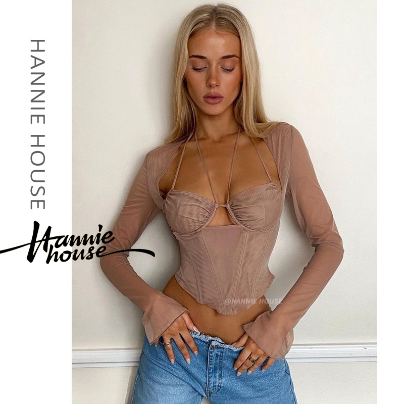 Hannie-Women´s Mesh Long Sleeve Multi-straps Halter Low-cut Hollow Crop Tops