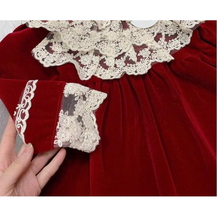 Váy nhung đỏ cổ thêu hoa cực sang chảnh cho bé gái mặc Noel ,Tết