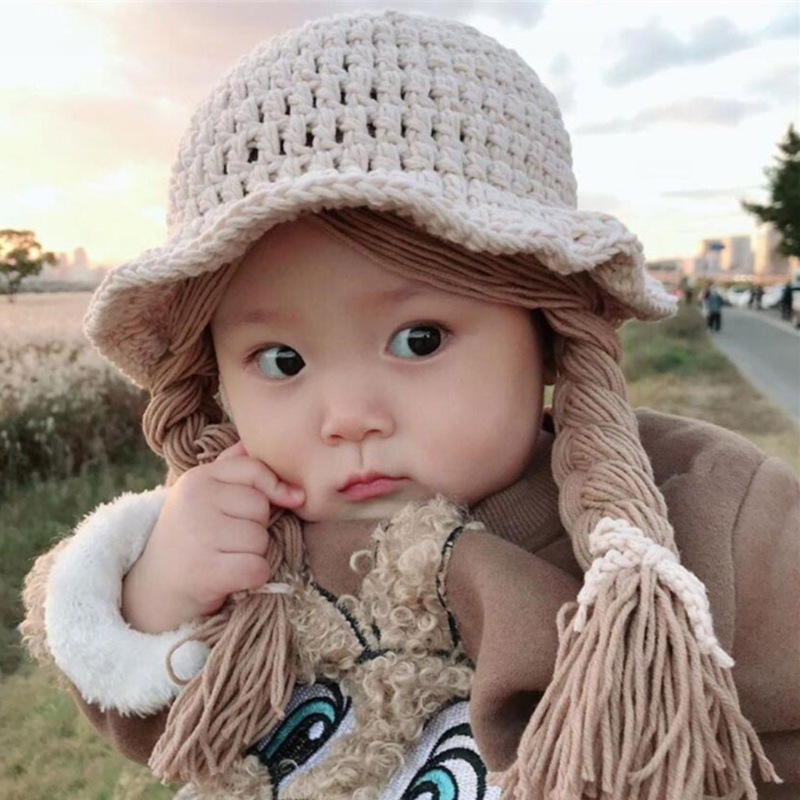 Bộ Tóc Giả Đan Len Thủ Công Kèm Mũ Dành Cho Bé Gái