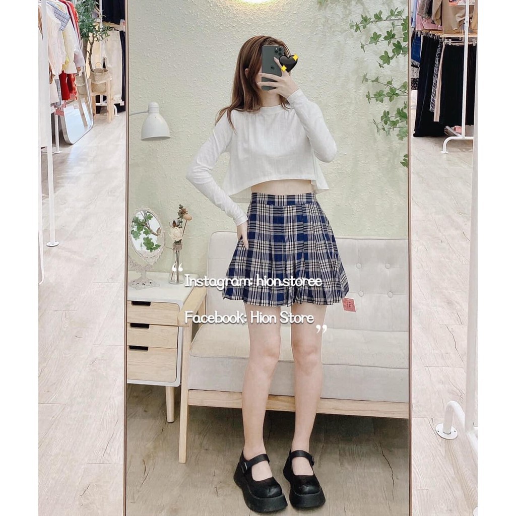 Sét áo croptop thun dài tay kèm Chân Váy ngắn Tennis kẻ kèm video/ảnh thật