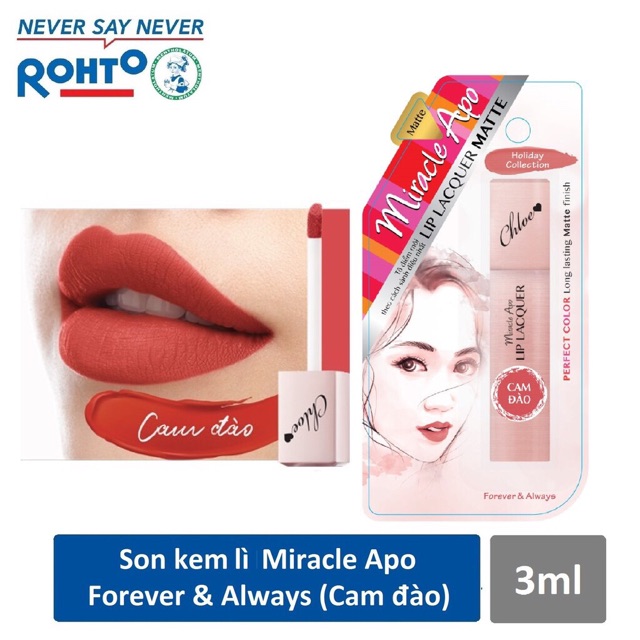 Son kem lì đẹp không vỏ- Miracle Apo Laquer Holiday đủ màu: Matte Cam đào, Matte đỏ đất, Matte đỏ Ruby, Matte Nude cam