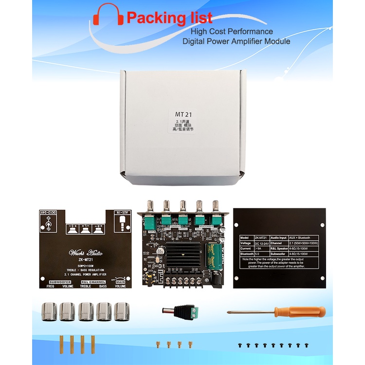 Bảng Mạch Khuếch Đại Âm Thanh Siêu Trầm ZK-MT21 2.1 Kênh Bluetooth 5.0 50WX2+100W AMP AUX