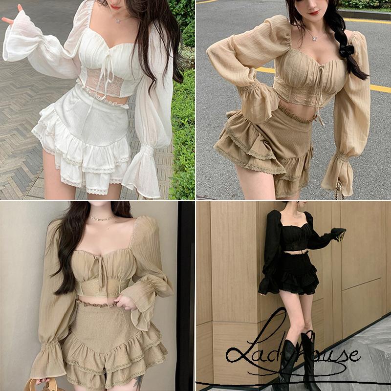 Áo Croptop Tay Dài Màu Trơn Phối Dây Buộc Thời Trang Cho Nữ