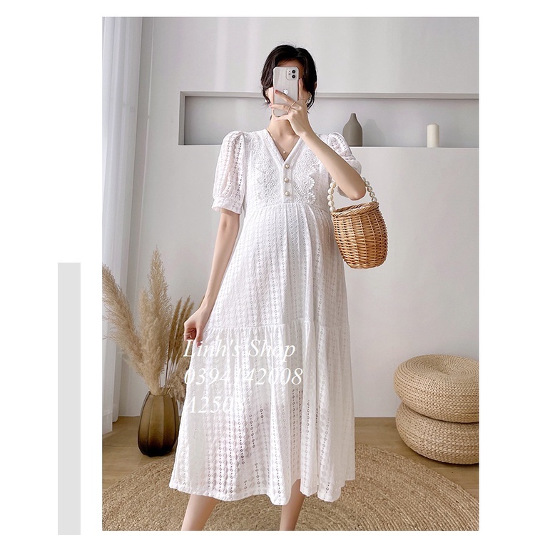 Váy Bầu Đầm Bầu Trắng Xinh Lịch Sự Dự Tiệc  A2508
