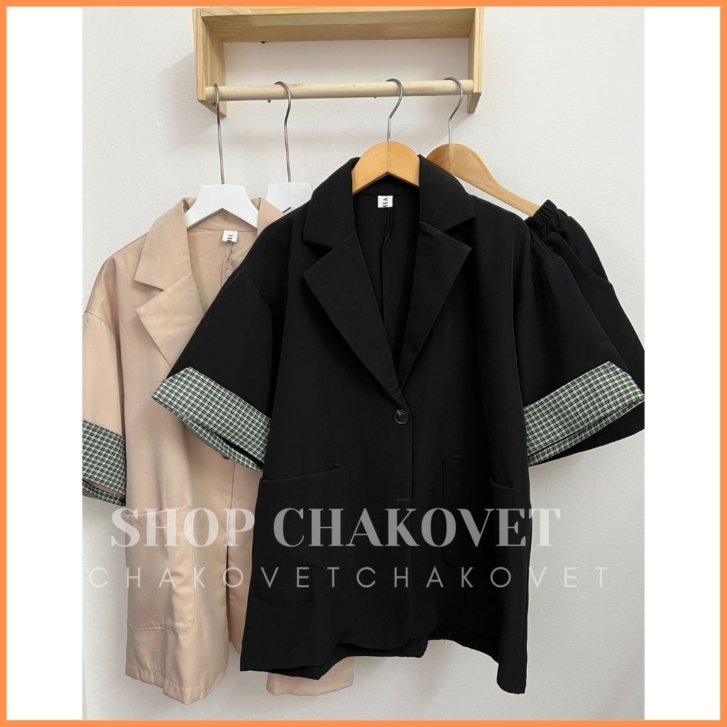 Set áo blazer nữ kèm quần S8305 kiểu áo vest nữ 1 lớp cộc tay pha kẻ 2 túi hộp, bộ đồ 2 món sang chảnh mùa hè - CHAKOVET