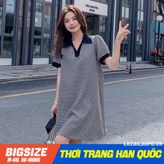 Váy đầm nữ Bigsize Đầm polo caro dáng suông tay ngắn có cổ mùa hè Phong cách Hàn Quốc Thời Trang đẹp