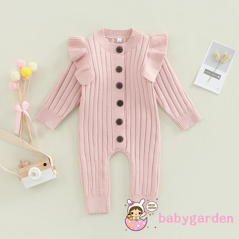 Áo Liền Quần Dệt Kim Tay Dài Cổ Tròn Màu Trơn Thời Trang Cho Bé Gái 0-18 Tháng Tuổi