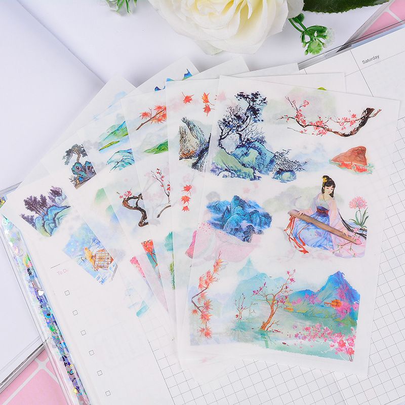 Set 6 tờ sticker cổ phong, cổ trang, thiếu nữ, mỹ nam, phong cảnh cổ đại Sticker washi trang trí handmade DIY