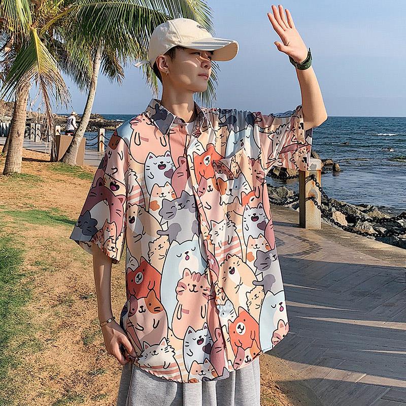 Áo Sơ Mi Nam Ngắn Tay Cổ Bẻ Form Rộng In Họa Tiết Mèo Dễ Thương Phong Cách Hawaii