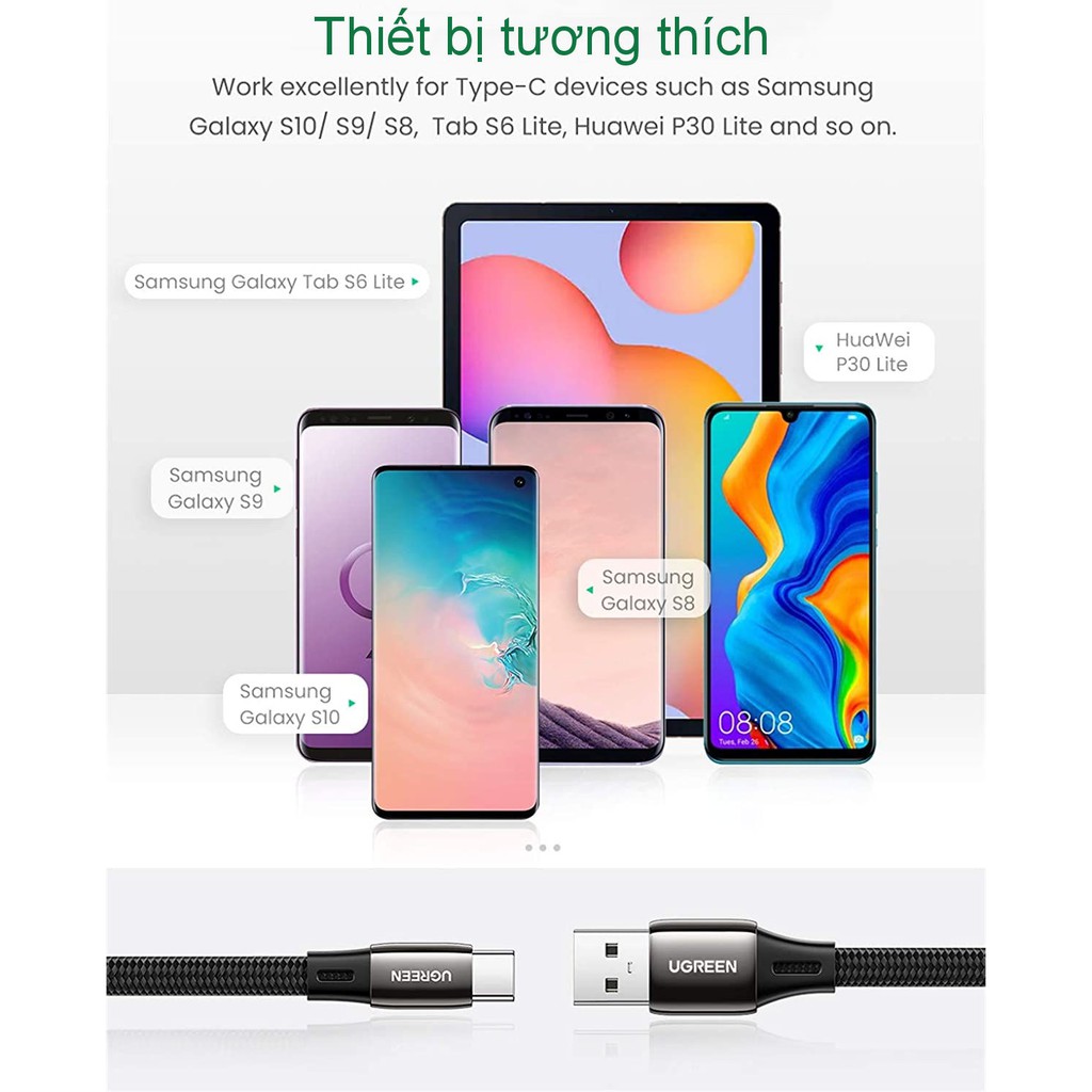 Cáp sạc nhanh USB 2.0 sang USB type C UGREEN US330 hỗ trợ dòng sạc 3A dạng dẹt dài 1m