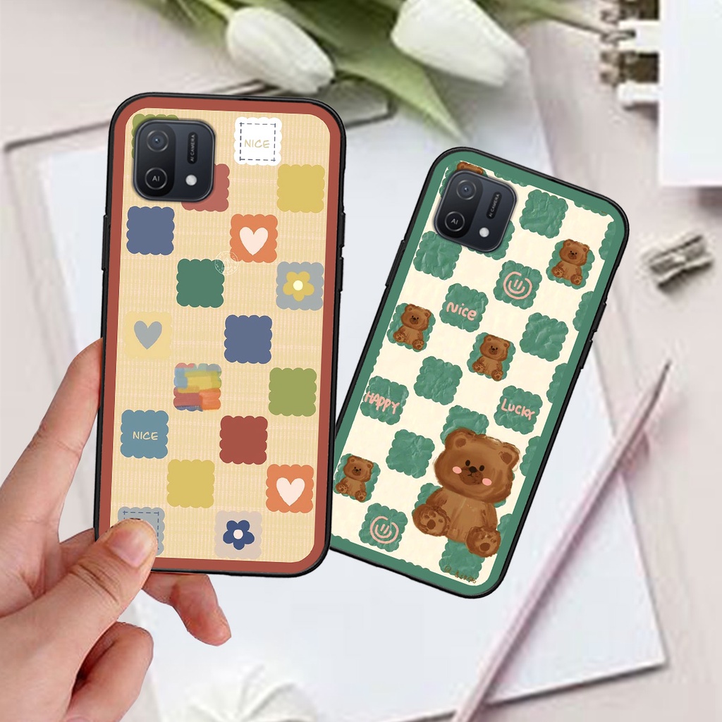 Ốp Oppo A16 / A16K in hình gấu caro đen trắng dễ thương siêu bền