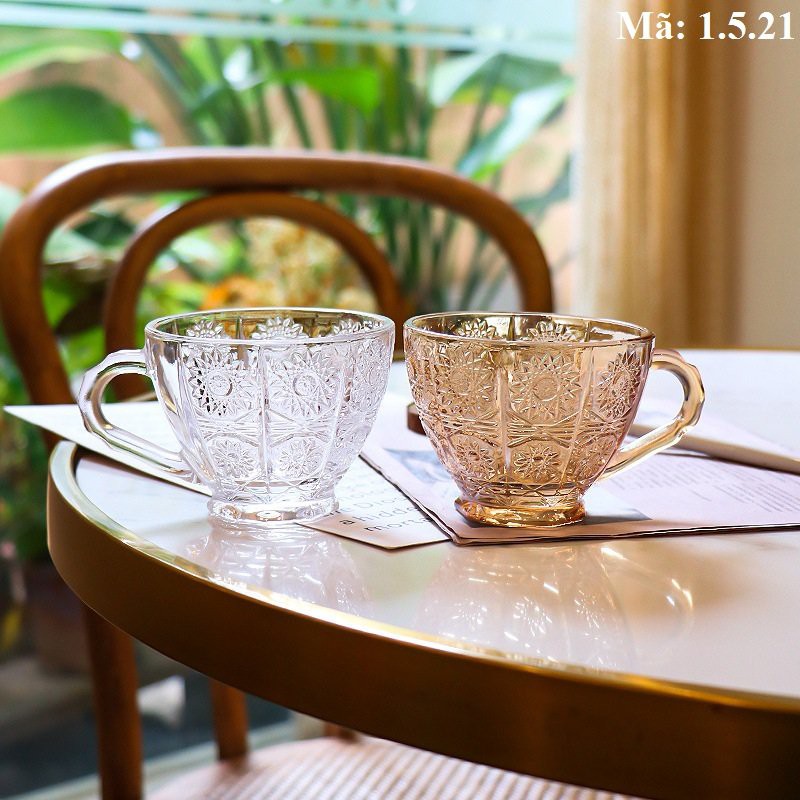 Tách thủy tinh chạm nổi uống cà phê kèm đĩa lót, ly cốc uống nước 1.5.21