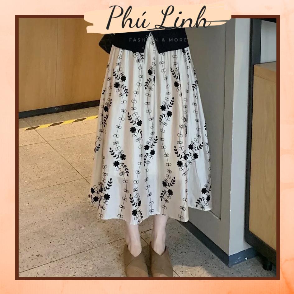 MS743 Chân váy xoè dáng dài hình hoa, chân váy midi tiểu thư