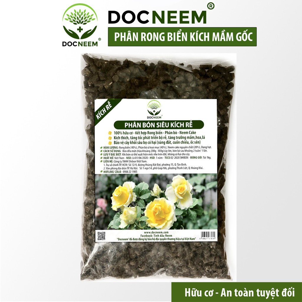 Phân bón rong biển DOCNEEM siêu kích rễ mầm, phân hữu cơ bổ sung Neemcake, phân bò ủ hoai cho hoa, cây cảnh túi 1kg