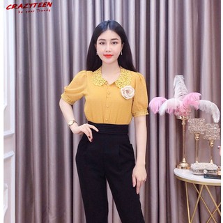 Aó Sơ Mi Cổ Tròn Ren Dễ Thương Thiểt Kế CRAZYTEEN (AC0156)không kèm hoa cài áo