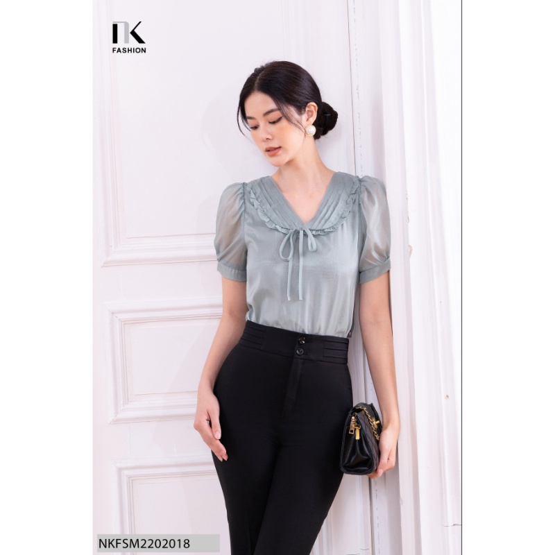 Áo Sơ Mi NK Fashion Thiết Kế Cổ V Bèo Tay Phồng Chất Vải Nhập Hàn Cao Cấp Mềm Mịn Thanh Lịch NKFSM2202018