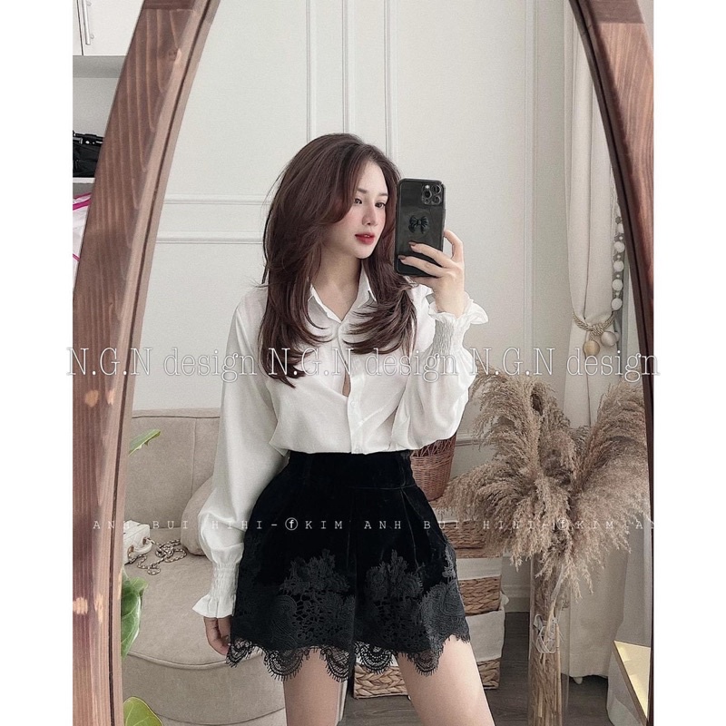 Áo sơ mi trắng chun tay áo cổ bẻ dúm tay cực xinh chất đũi tơ xước