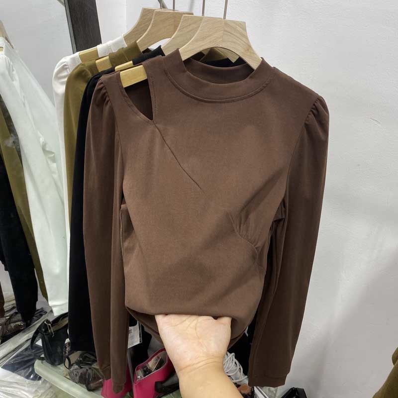 Áo Thun Cotton Tay Dài Phồng Màu Trơn Thời Trang Mùa Thu Cho Nữ