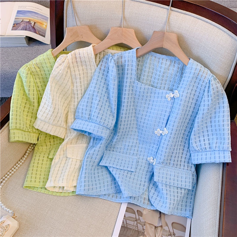 Áo Sơ Mi Ngắn Tay Cổ Vuông Họa Tiết Kẻ Ô Thiết Kế Mới Thời Trang Mùa Hè Theo Phong Cách Trung Hoa